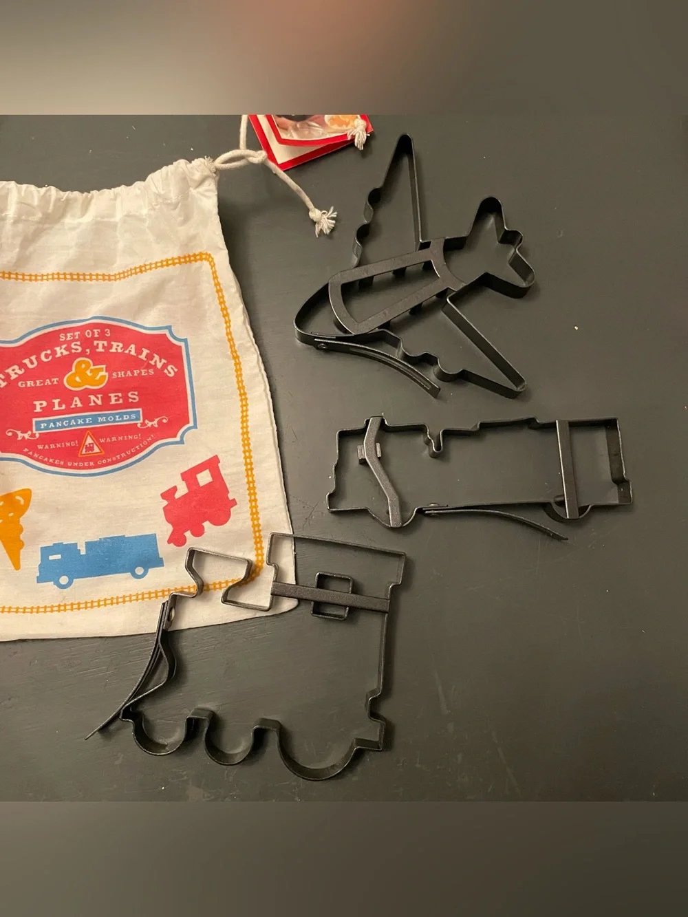 William Sonoma Truck, Train & Plane Pancake Molds with cloth Bag